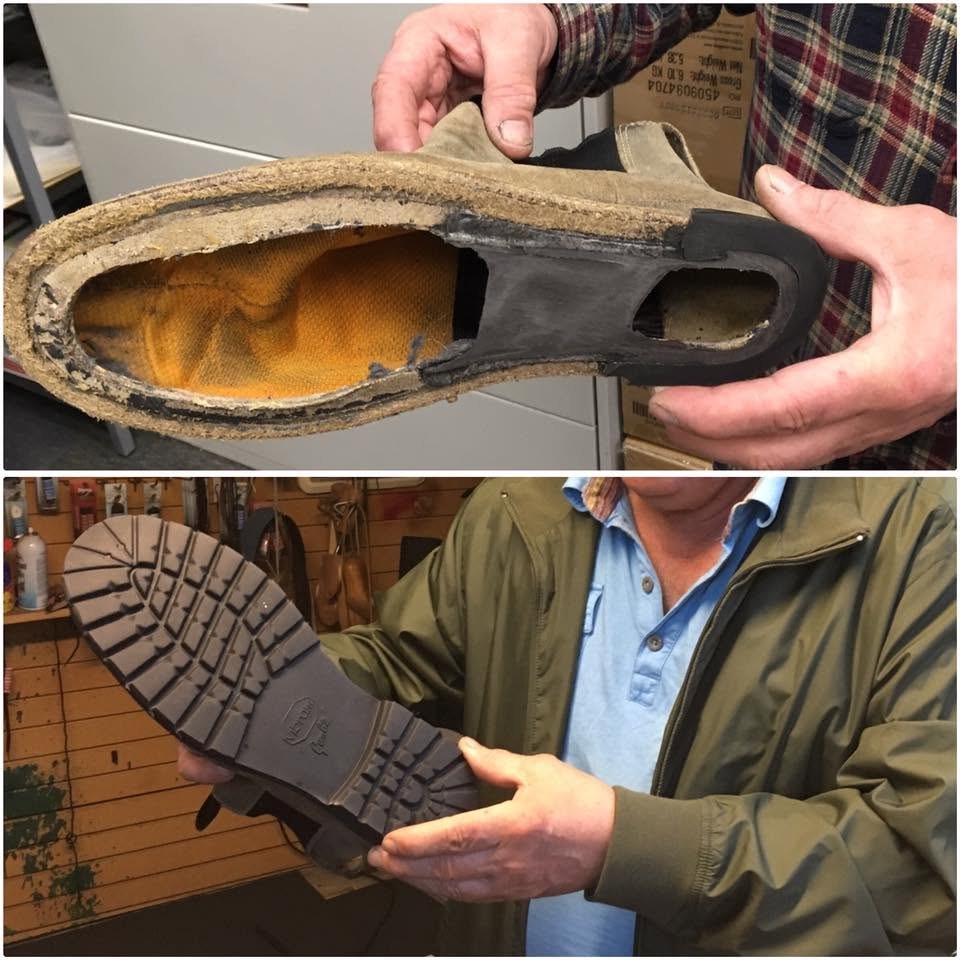 A worn-through suede shoe sole, and the same shoe after a new Vibram resole