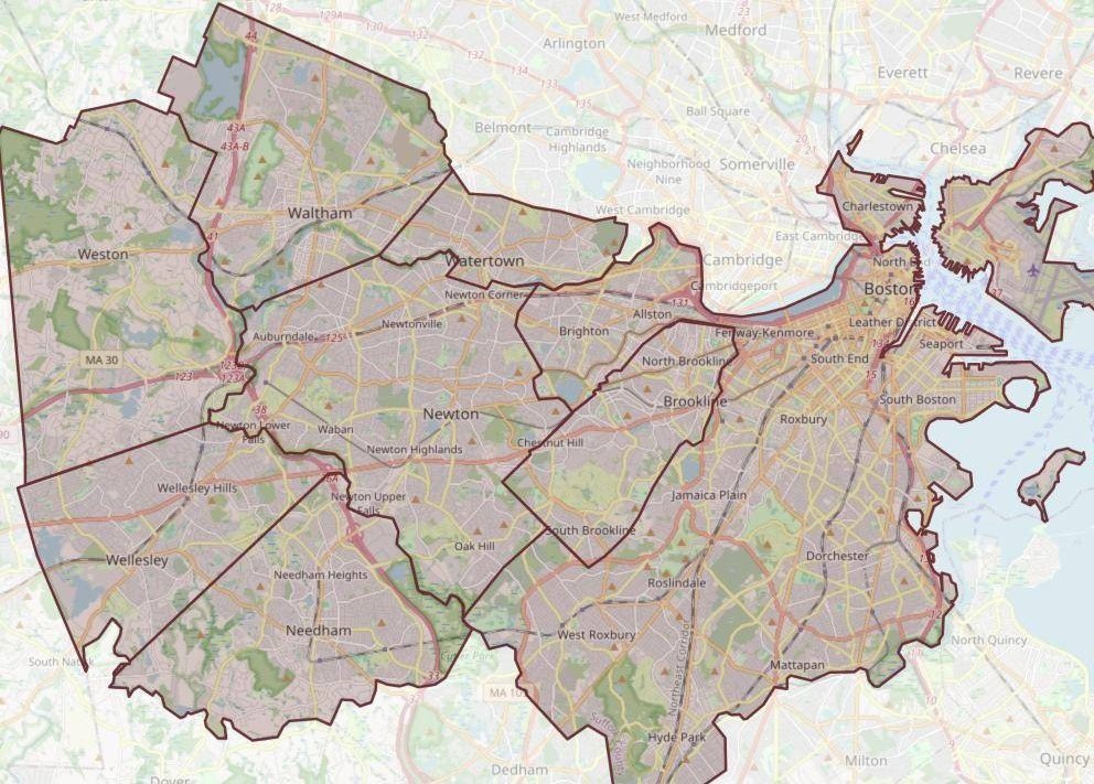 Street map of Greater Boston with the pickup area highlighted